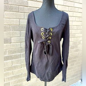 FREE PEOPLE Black Cotton Long Sleeve Oversized Lace Up Top, Sz L